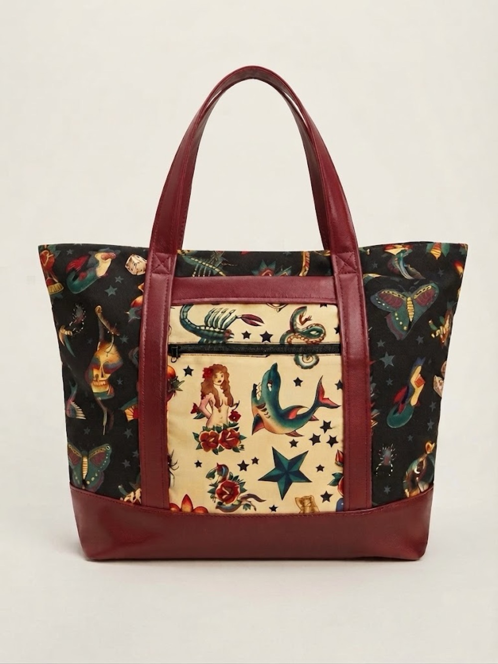 Y2K Tattoo Print Tote Shoulder Bag with Burgundy Trim